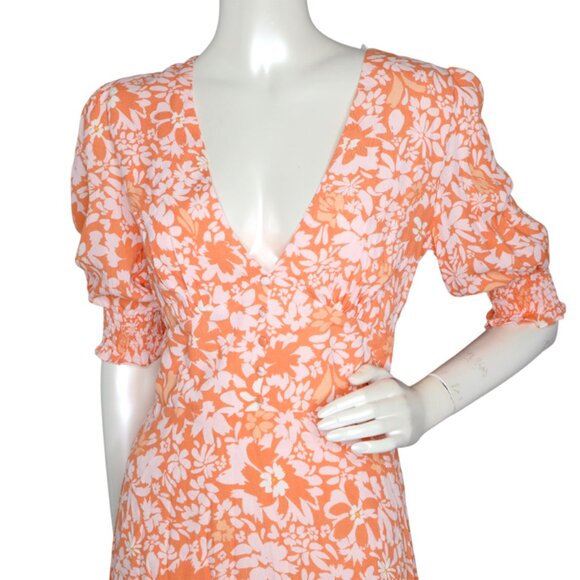 MINKPINK Marli Floral Mini Dress Orange Pink V-Neck Puff Sleeve Keyhole Back - Picture 5 of 16